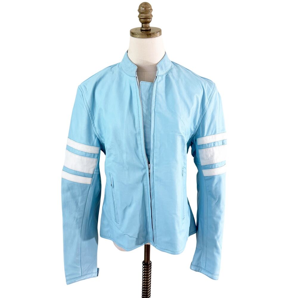 Vintage Y2K Baby Blue Leather Moto Jacket Sz Large Zip Up Stripe Accent Pockets